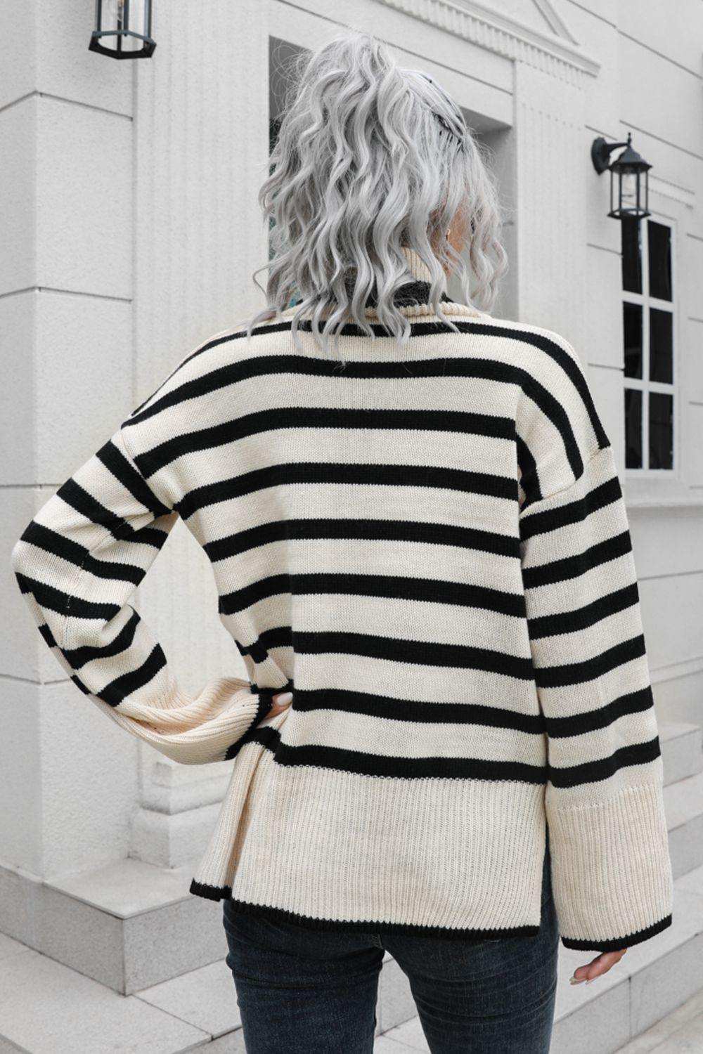 Striped Turtleneck Drop Shoulder Sweater - Trendsi - Flyclothing LLC