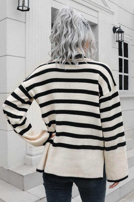 Striped Turtleneck Drop Shoulder Sweater - Trendsi - Flyclothing LLC