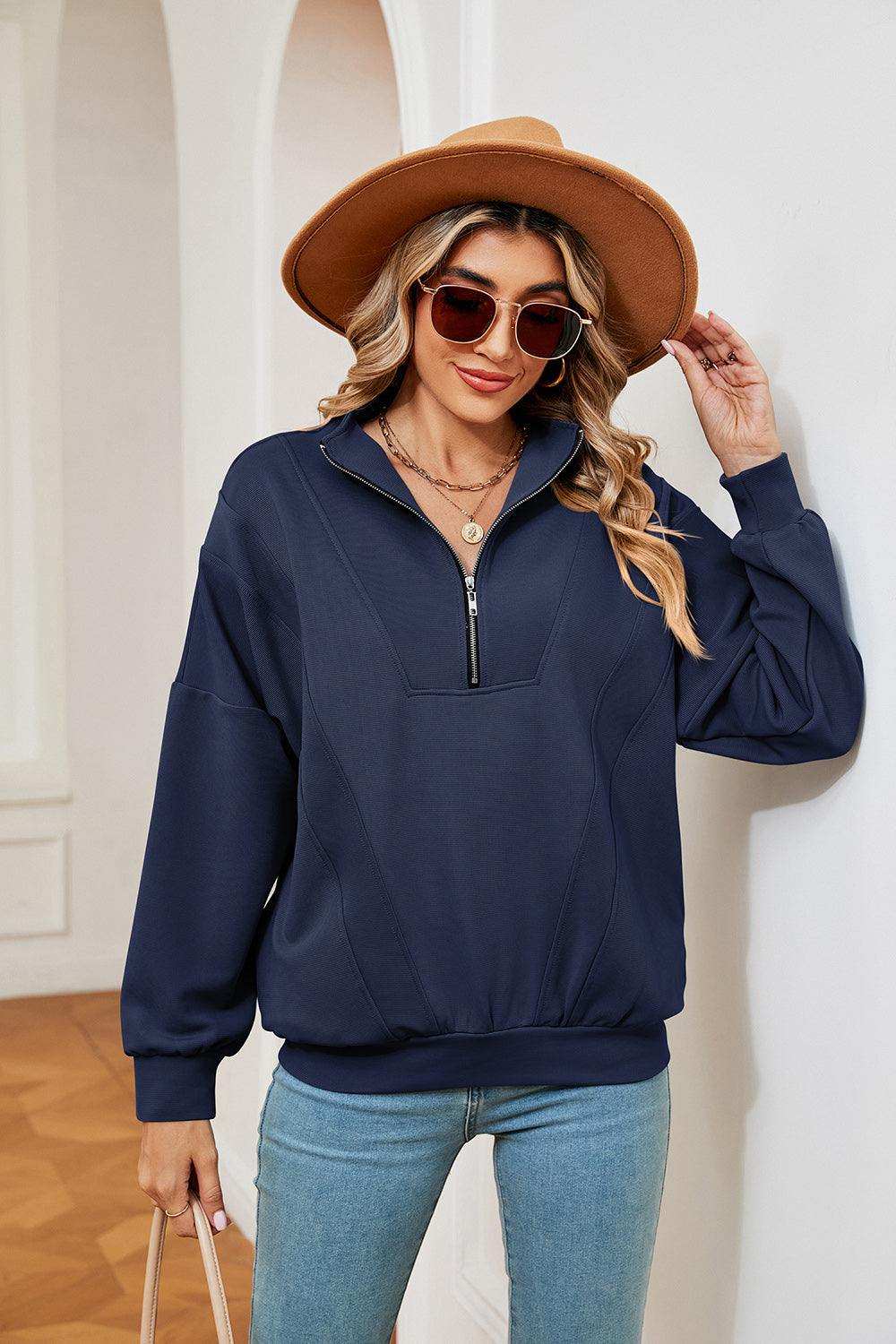 Half-Zip Dropped Shoulder Sweatshirt - Trendsi - Flyclothing LLC