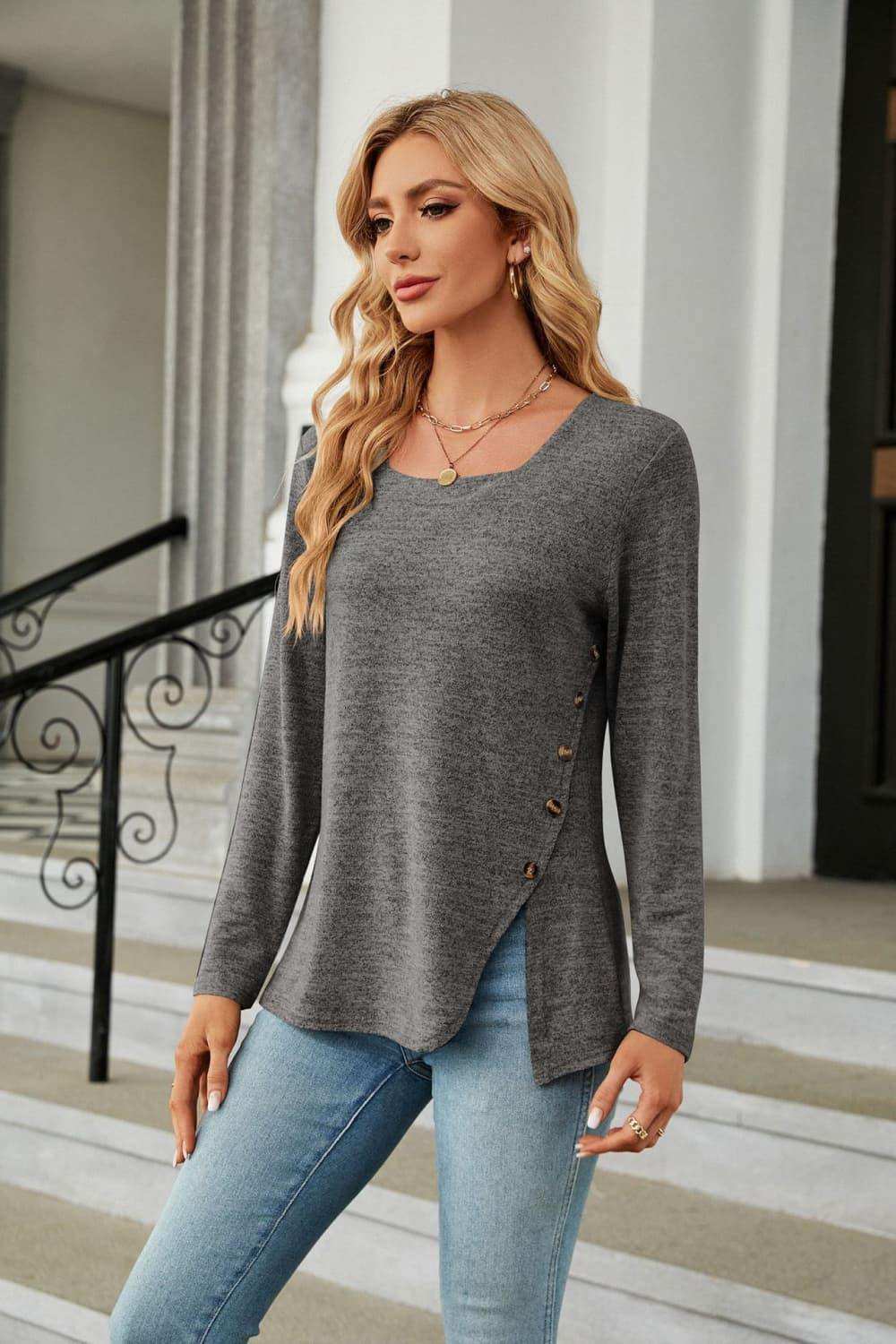 Square Neck Long Sleeve Slit T-Shirt - Trendsi - Flyclothing LLC