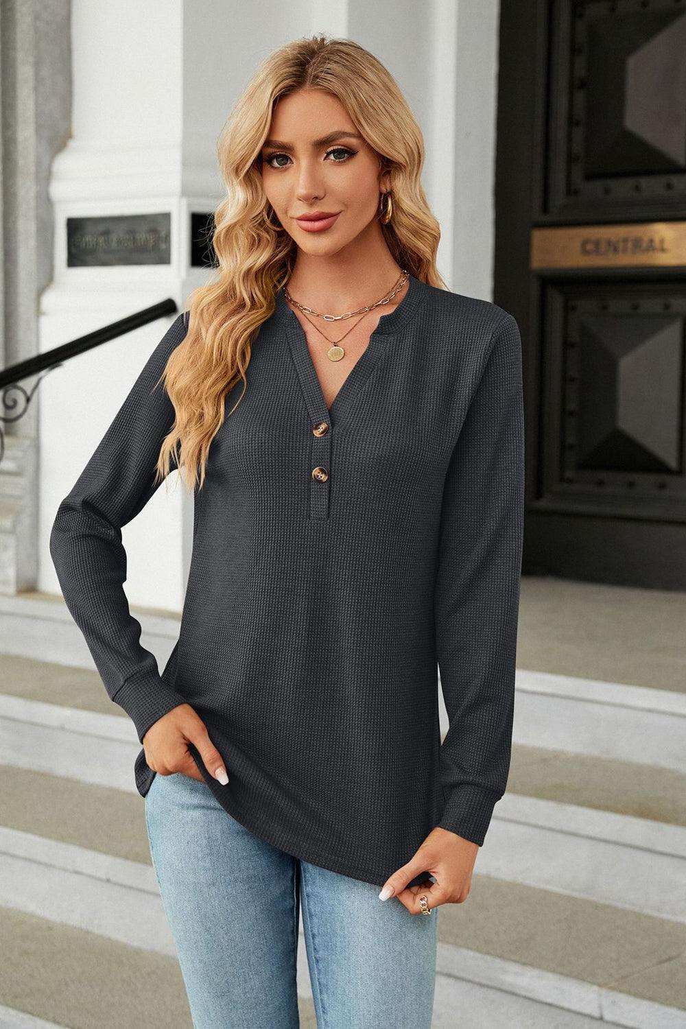V-Neck Long Sleeve Blouse - Trendsi - Flyclothing LLC