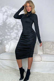 Ruched Mock Neck Long Sleeve Dress - Trendsi - Flyclothing LLC