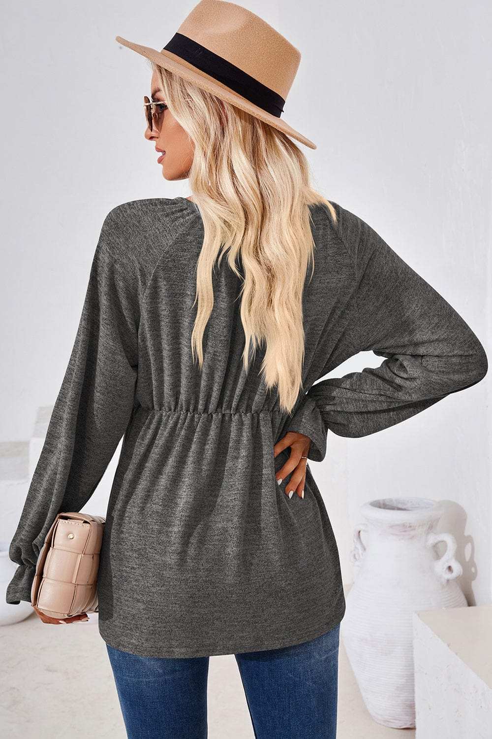 Ruched Round Neck Flounce Sleeve Blouse - Trendsi - Flyclothing LLC