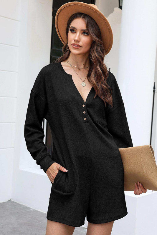 Notched Neck Long Sleeve Romper - Trendsi - Flyclothing LLC