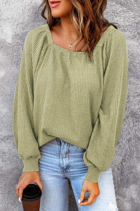 Square Neck Waffle-Knit Top - Trendsi - Flyclothing LLC