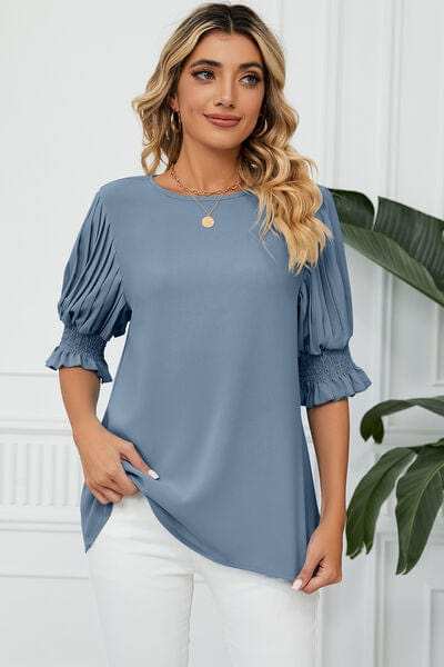 Frill Round Neck Lantern Sleeve T-Shirt - Trendsi - Flyclothing LLC