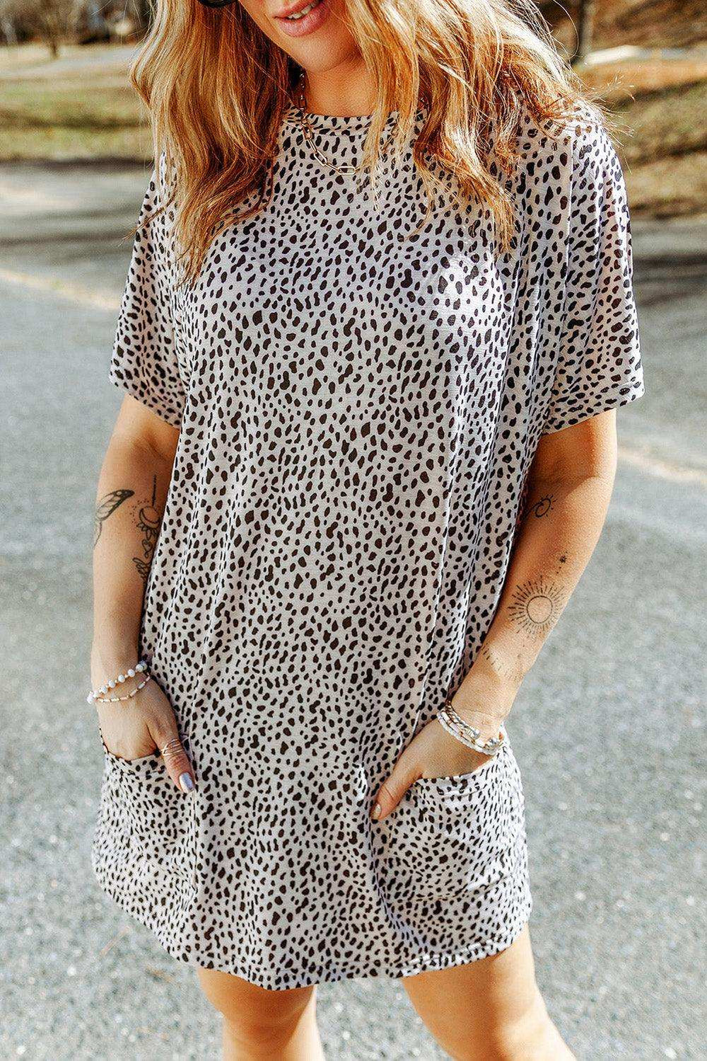 Animal Print Round Neck Tunic Tee with Pockets - Trendsi - Flyclothing LLC