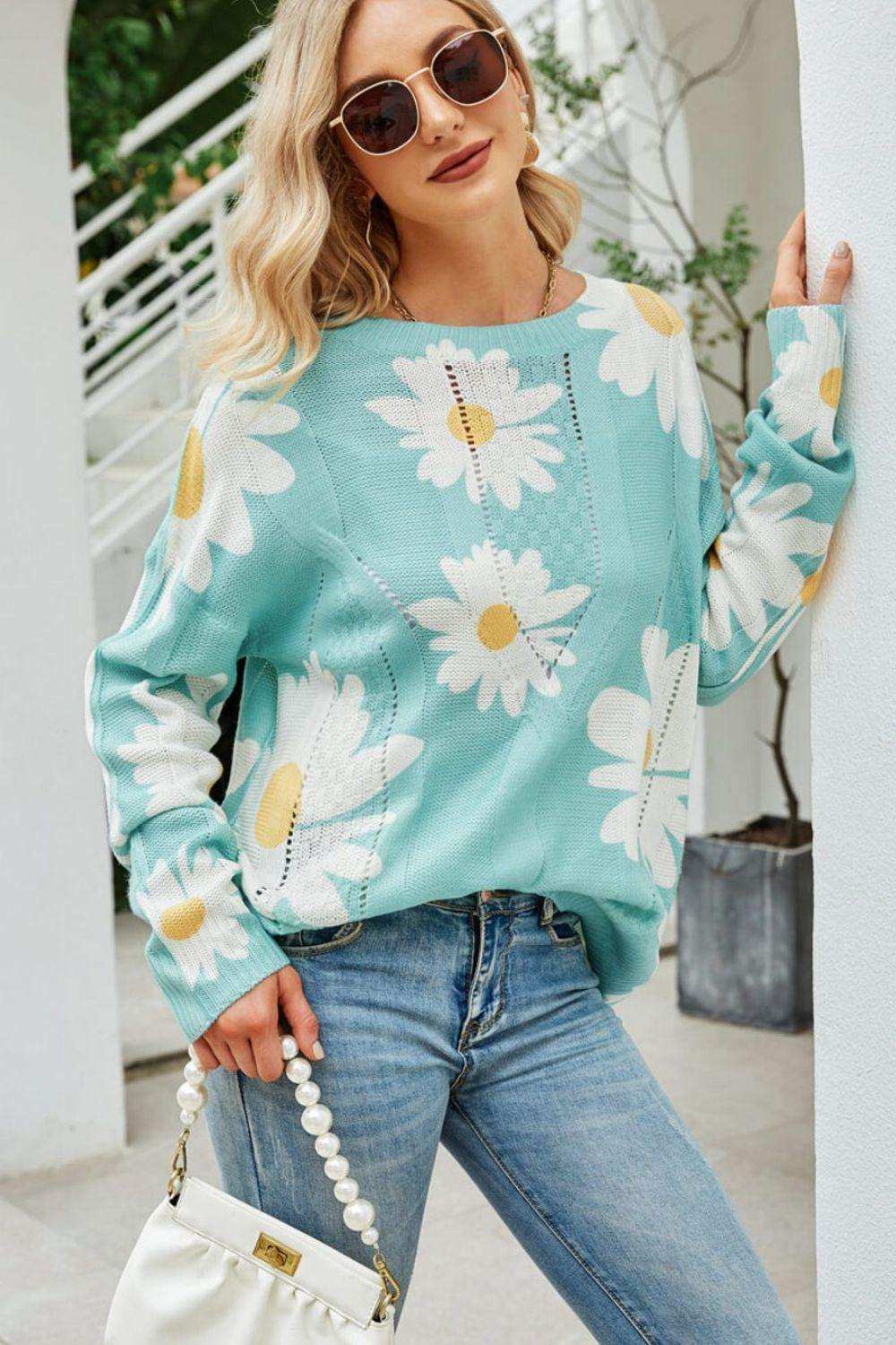 Daisy Print Openwork Round Neck Sweater - Trendsi - Flyclothing LLC
