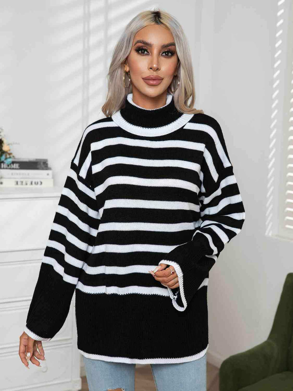 Striped Slit Turtleneck Drop Shoulder Sweater - Trendsi - Flyclothing LLC