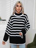 Striped Slit Turtleneck Drop Shoulder Sweater - Trendsi - Flyclothing LLC