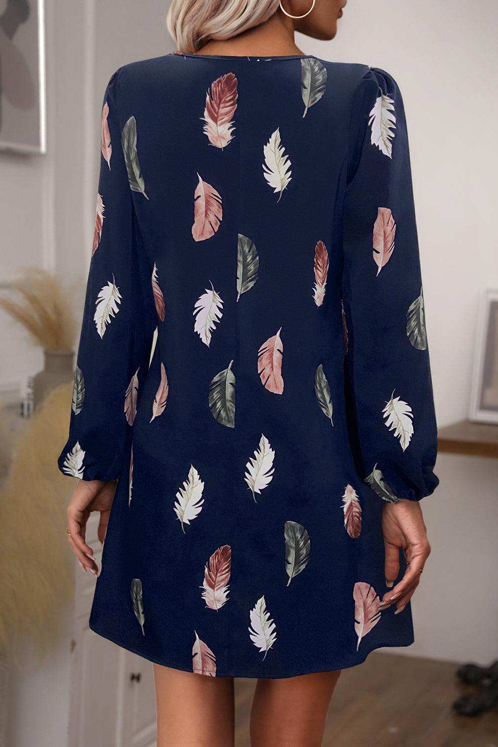 Feather Print V-Neck Dress - Trendsi - Flyclothing LLC