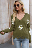 Flower Distressed Ribbed Trim Sweater - Trendsi - Flyclothing LLC