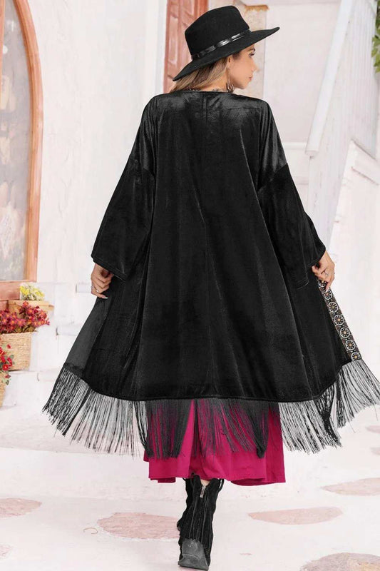 Opne Front Fringe Detail Long Sleeve Cardigan - Trendsi - Flyclothing LLC