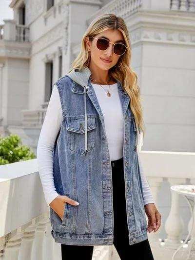 Drawstring Pocketed Button Up Sleeveless Denim Jacket - Trendsi - Flyclothing LLC