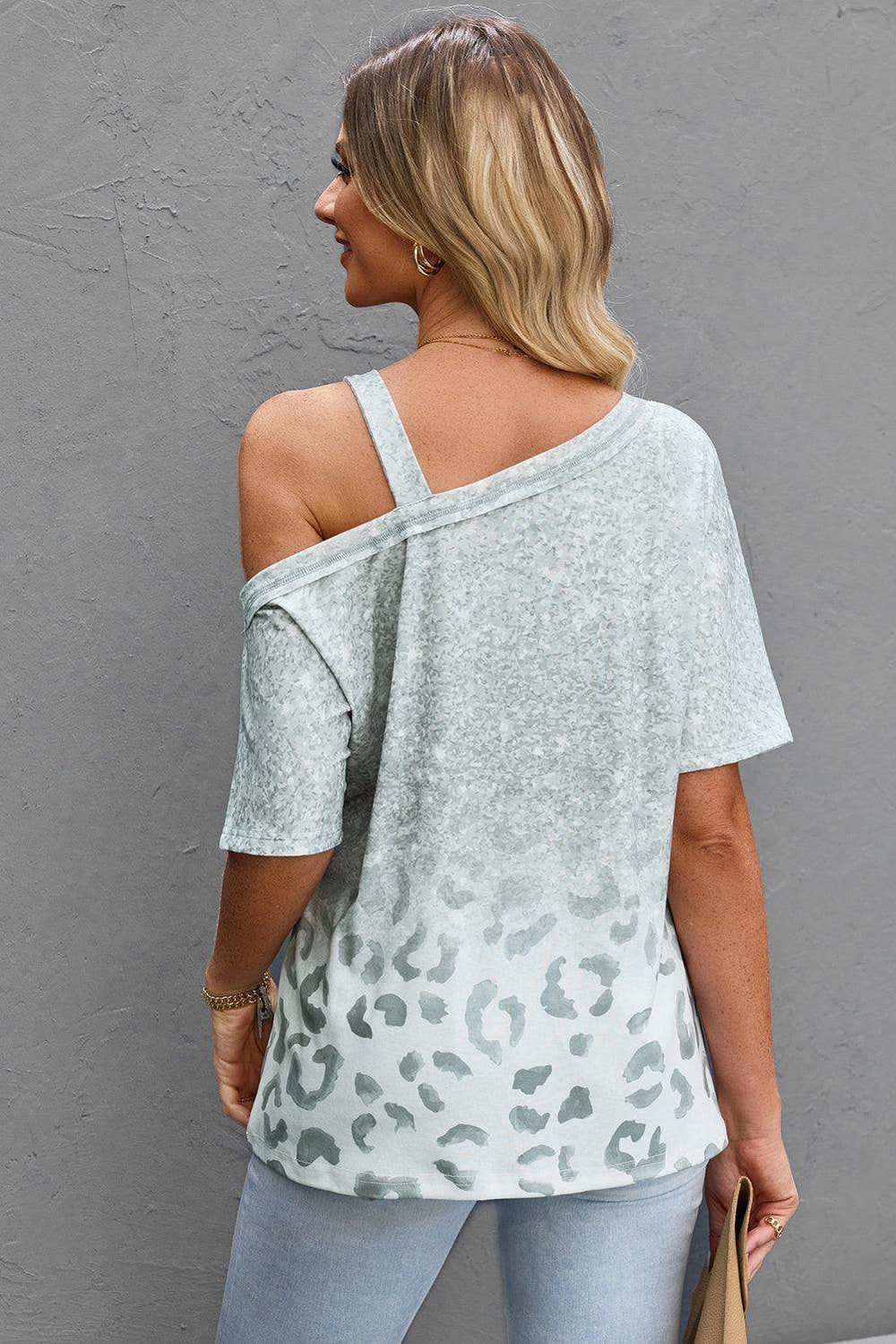 Leopard Asymmetrical Neck Cold-Shoulder Blouse - Trendsi - Flyclothing LLC