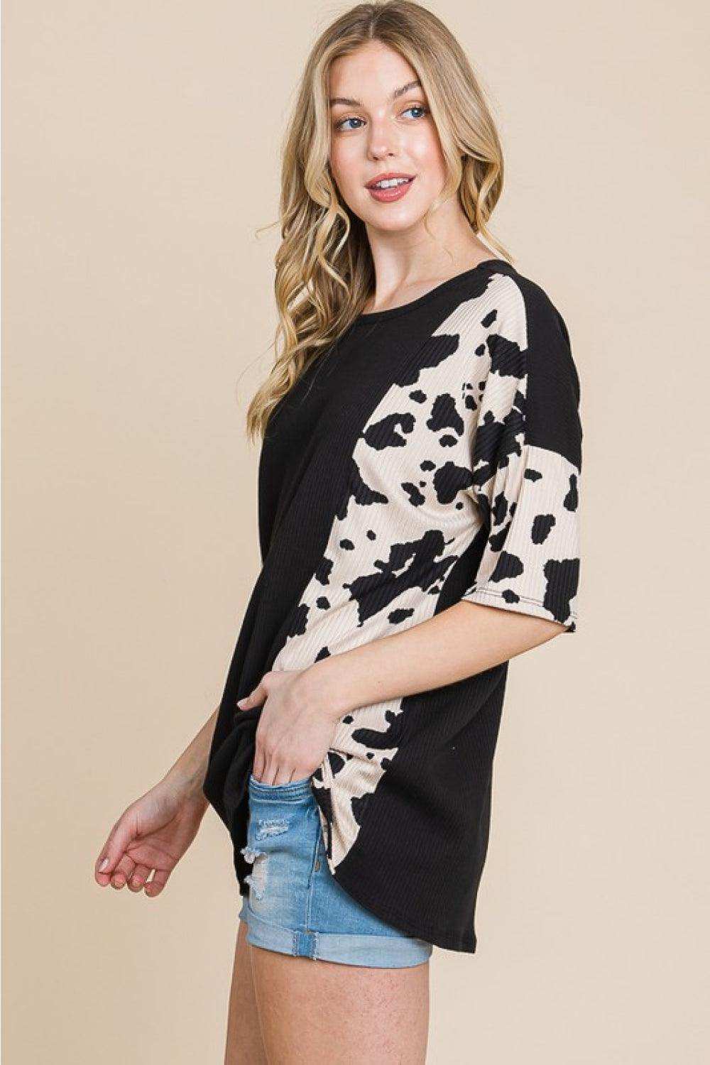 BOMBOM Rodeo Love Ribbed Animal Contrast Tee - Trendsi - Flyclothing LLC