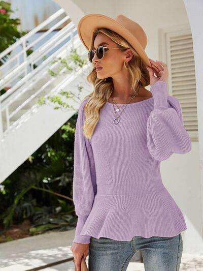 (No)Ribbed Round Neck Lantern Sleeve Sweater - Trendsi - Flyclothing LLC