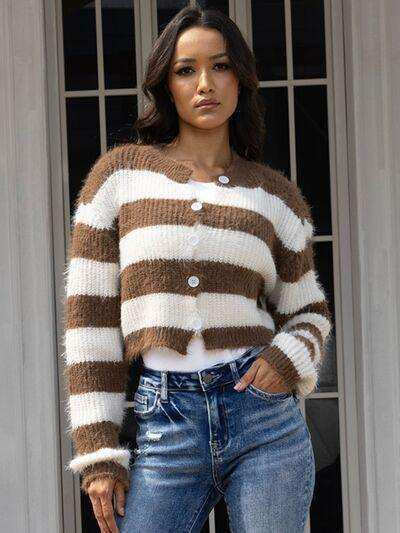 Striped Button Up Dropped Shoulder Cardigan - Trendsi - Flyclothing LLC