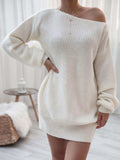 Rib-Knit Balloon Sleeve Boat Neck Sweater Dress - Trendsi - Flyclothing LLC