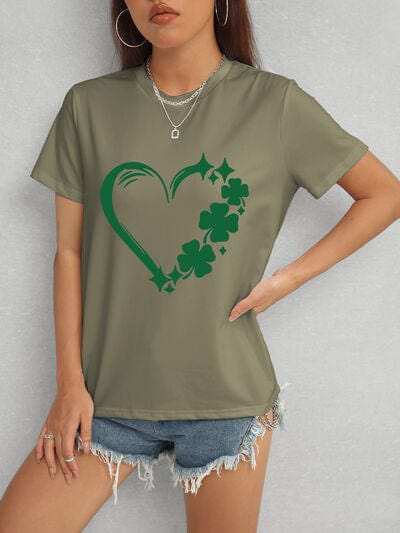 Heart Lucky Clover Round Neck Short Sleeve T-Shirt - Trendsi - Flyclothing LLC