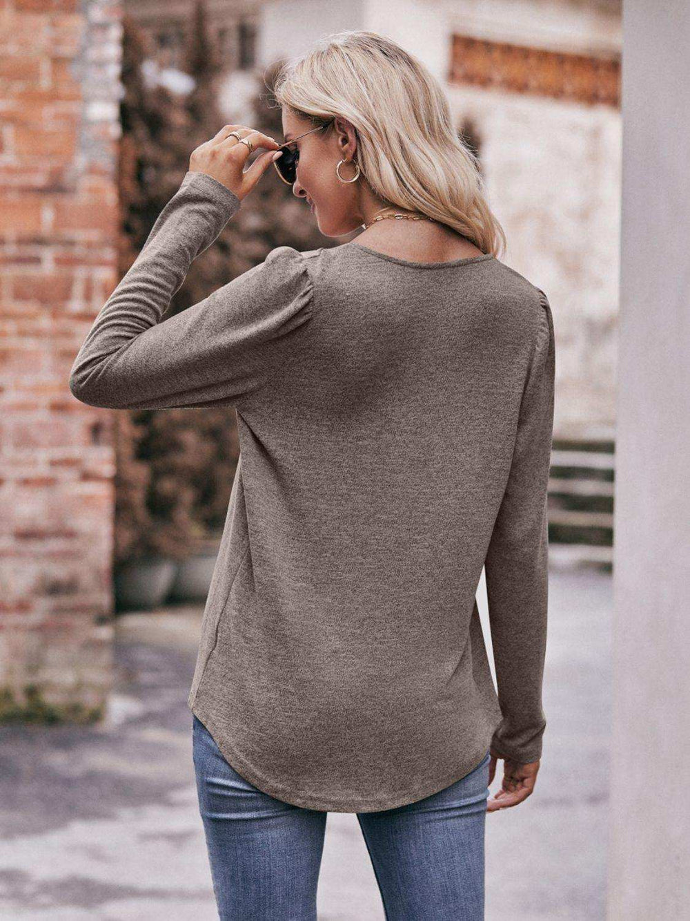 Pleated Detail Curved Hem Long Sleeve Top - Trendsi - Flyclothing LLC