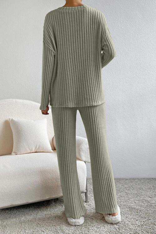 Ribbed V-Neck Top and Pants Set - Trendsi - Flyclothing LLC