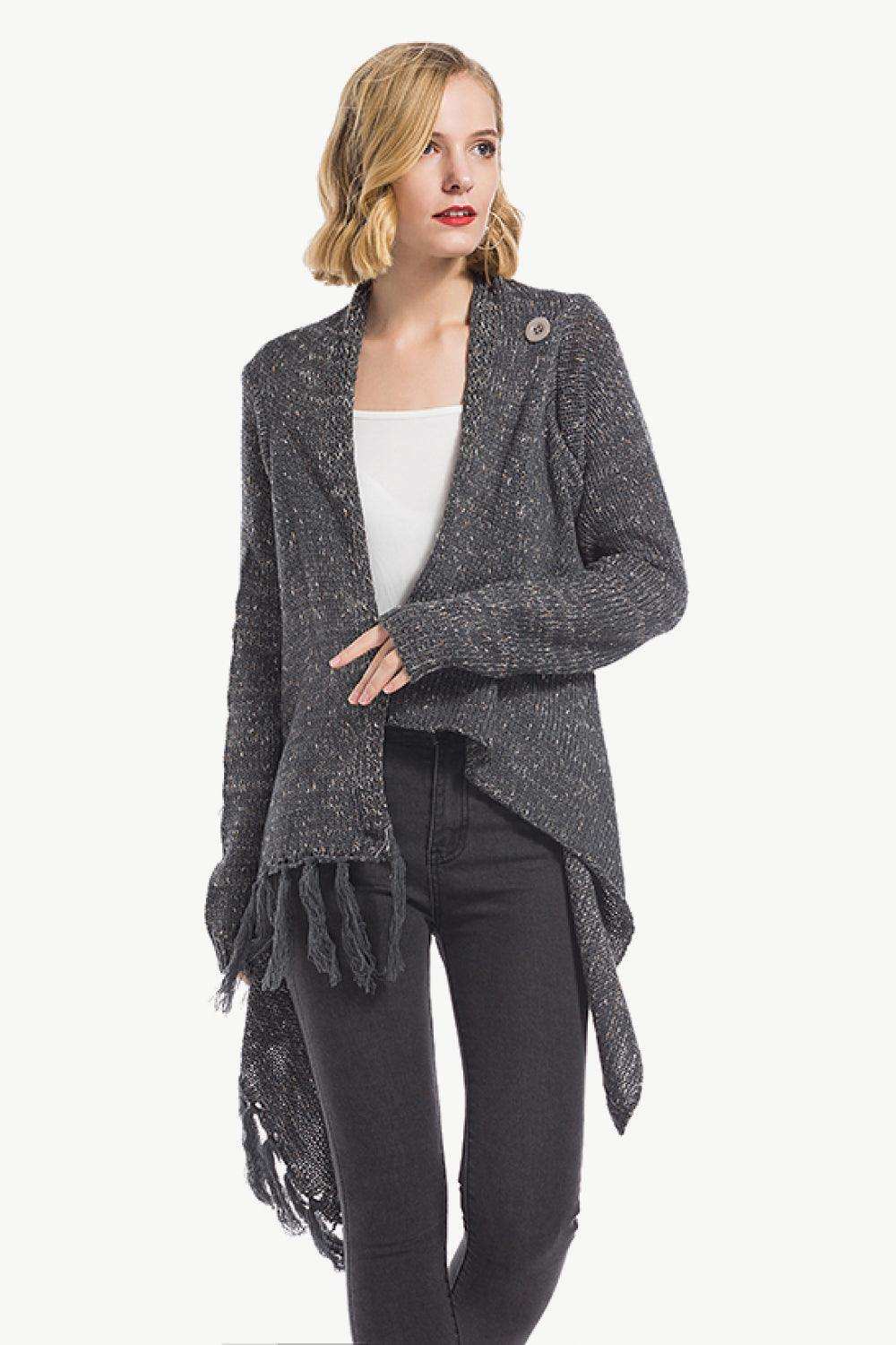 One-Button Tassel Tie Asymmetrical Hem Cardigan - Trendsi - Flyclothing LLC