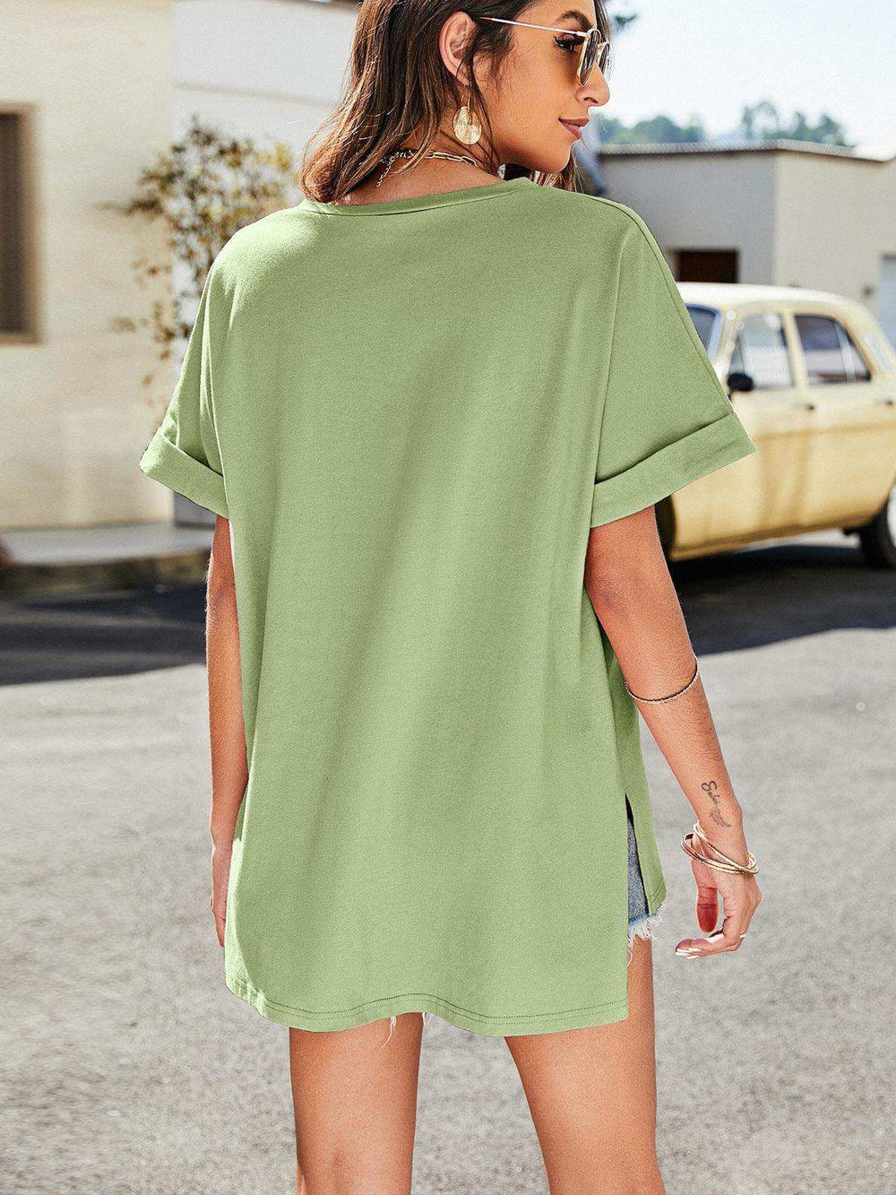 High-Low Side Slit V-Neck Tee - Trendsi - Flyclothing LLC