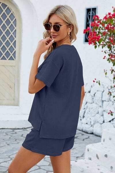 Notched Button Detail Dropped Shoulder Top and Shorts Set - Trendsi - Flyclothing LLC