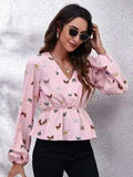 Butterfly V-Neck Balloon Sleeve Peplum Blouse - Trendsi - Flyclothing LLC