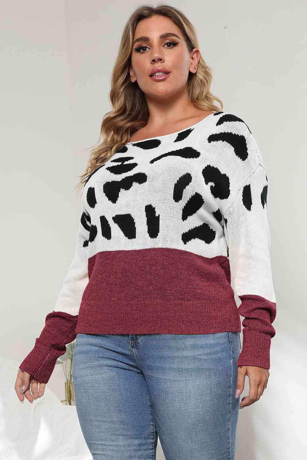 Plus Size Leopard Round Neck Long Sleeve Sweater - Trendsi - Flyclothing LLC