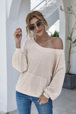 Boat Neck Waffle-knit Lantern Sleeve Blouse with Pocket - Trendsi - Flyclothing LLC