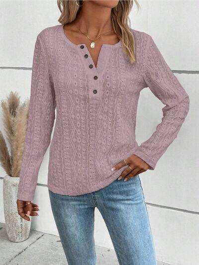 Openwork Half Button Long Sleeve Blouse - Trendsi - Flyclothing LLC