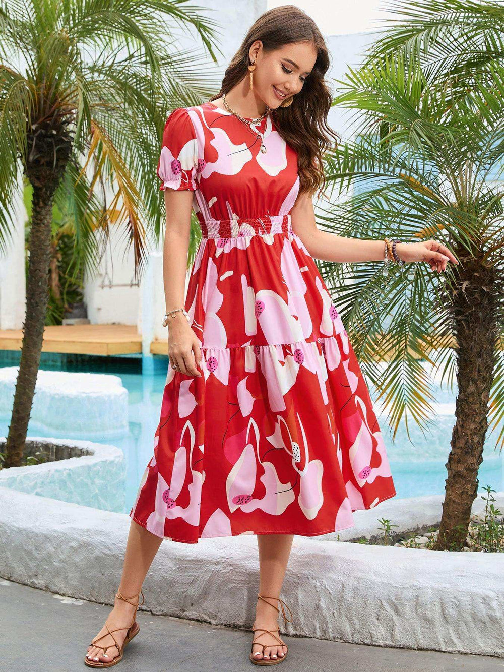Printed Round Neck Flounce Sleeve Midi Dress - Trendsi - Flyclothing LLC