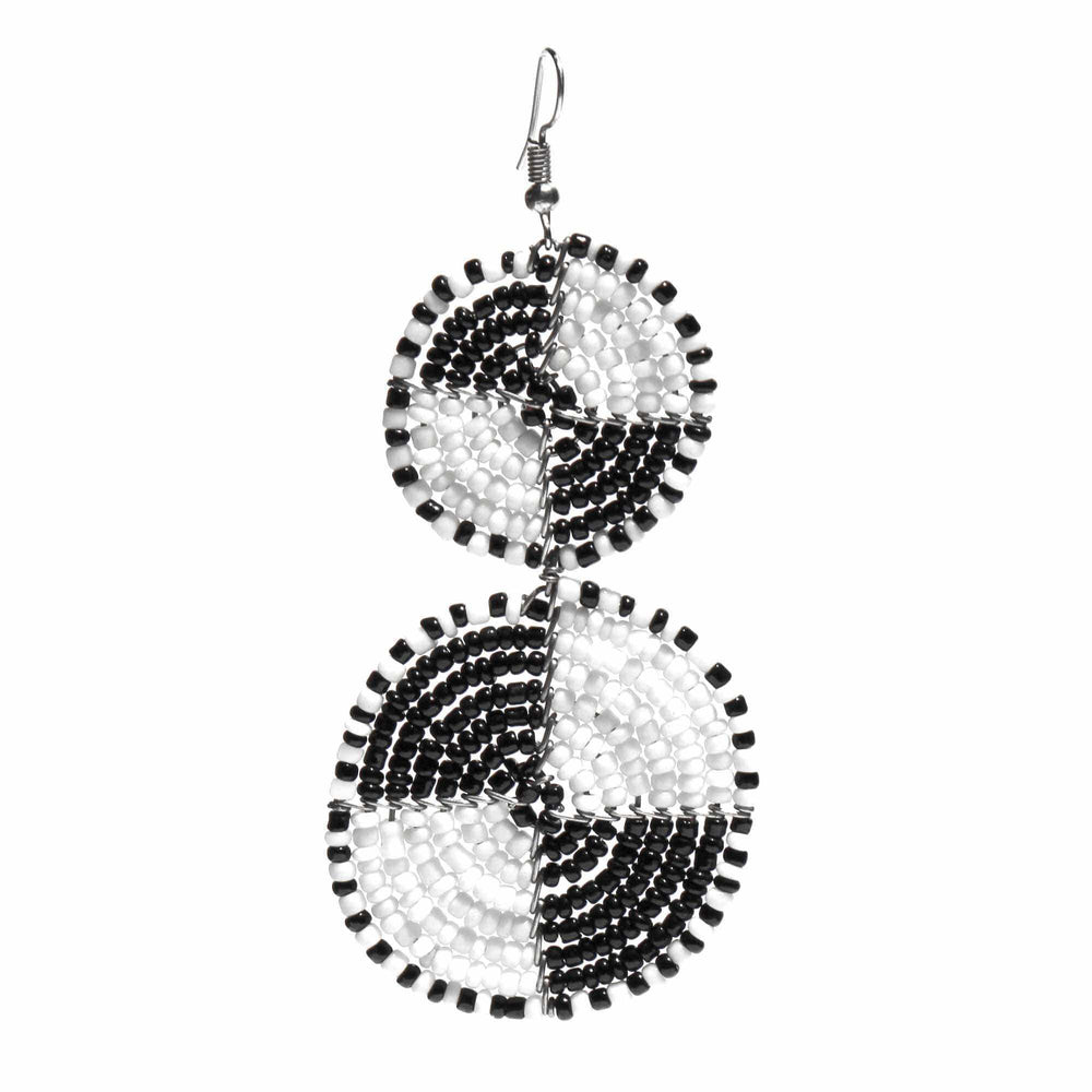 Maasai Bead Double Circle Dangle Earrings, White and Black - Jedando - Flyclothing LLC