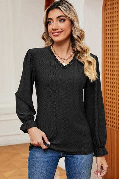 Eyelet V-Neck Flounce Sleeve T-Shirt - Trendsi - Flyclothing LLC