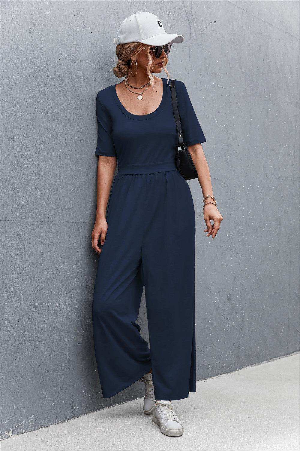 Scoop Neck Half Sleeve Wide Leg Jumpsuit - Trendsi - Flyclothing LLC