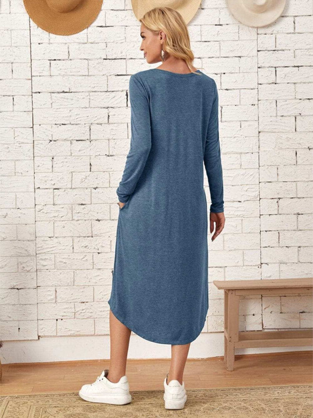 Pocketed Round Neck Long Sleeve Tee Dress - Trendsi - Flyclothing LLC