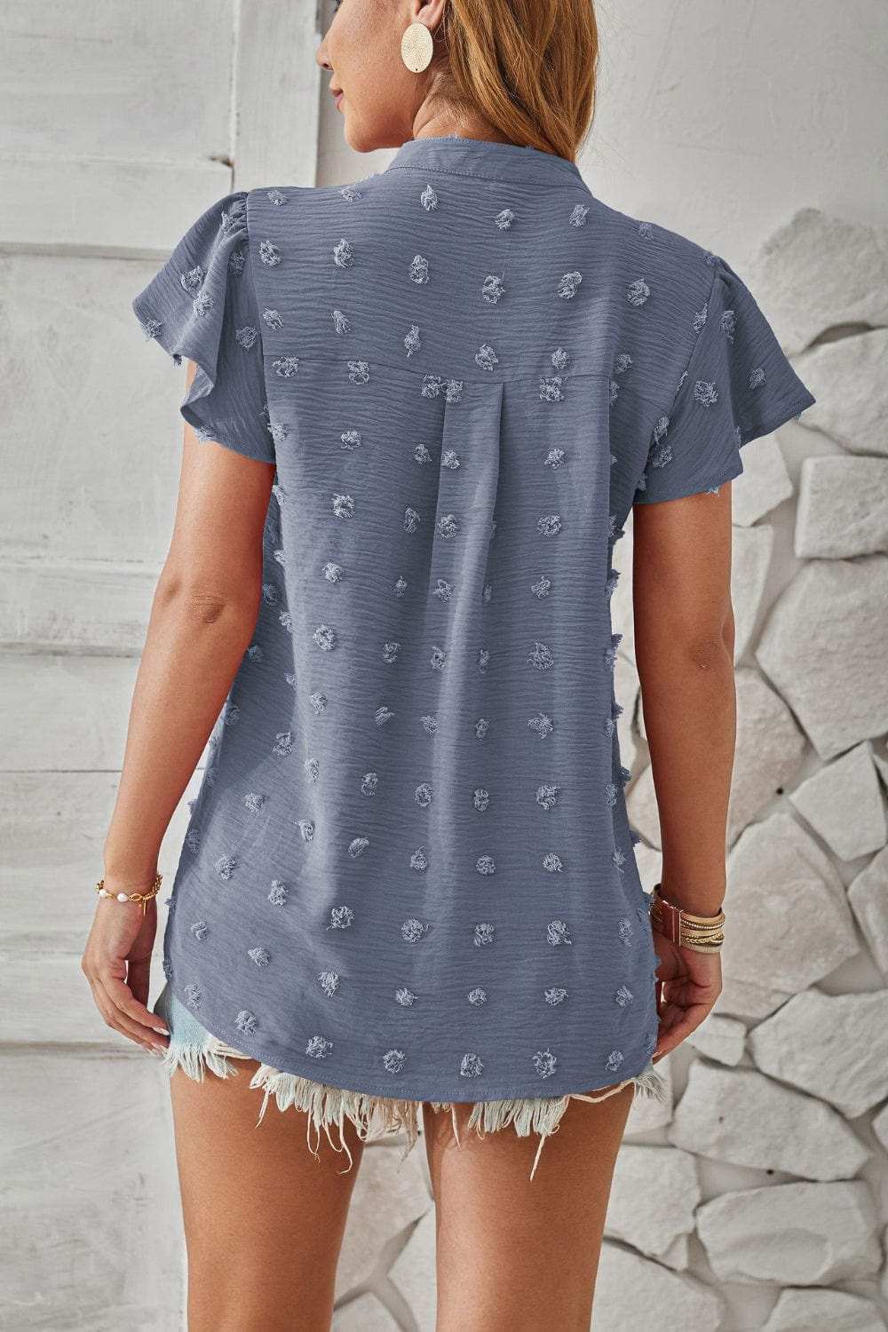 Swiss Dot Notched Cap Sleeve T-Shirt - Trendsi - Flyclothing LLC