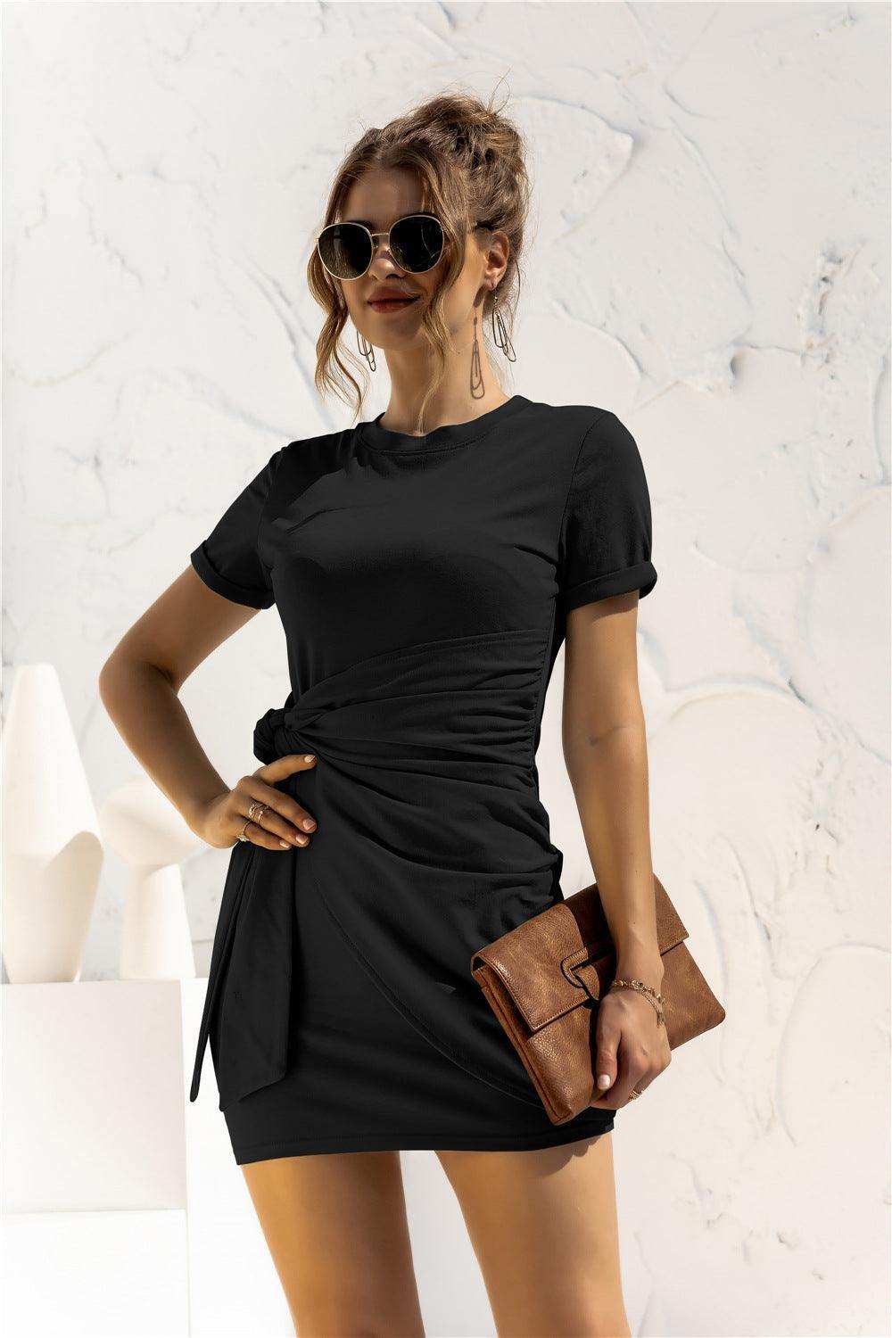 Round Neck Cuffed Sleeve Side Tie Dress - Trendsi - Flyclothing LLC