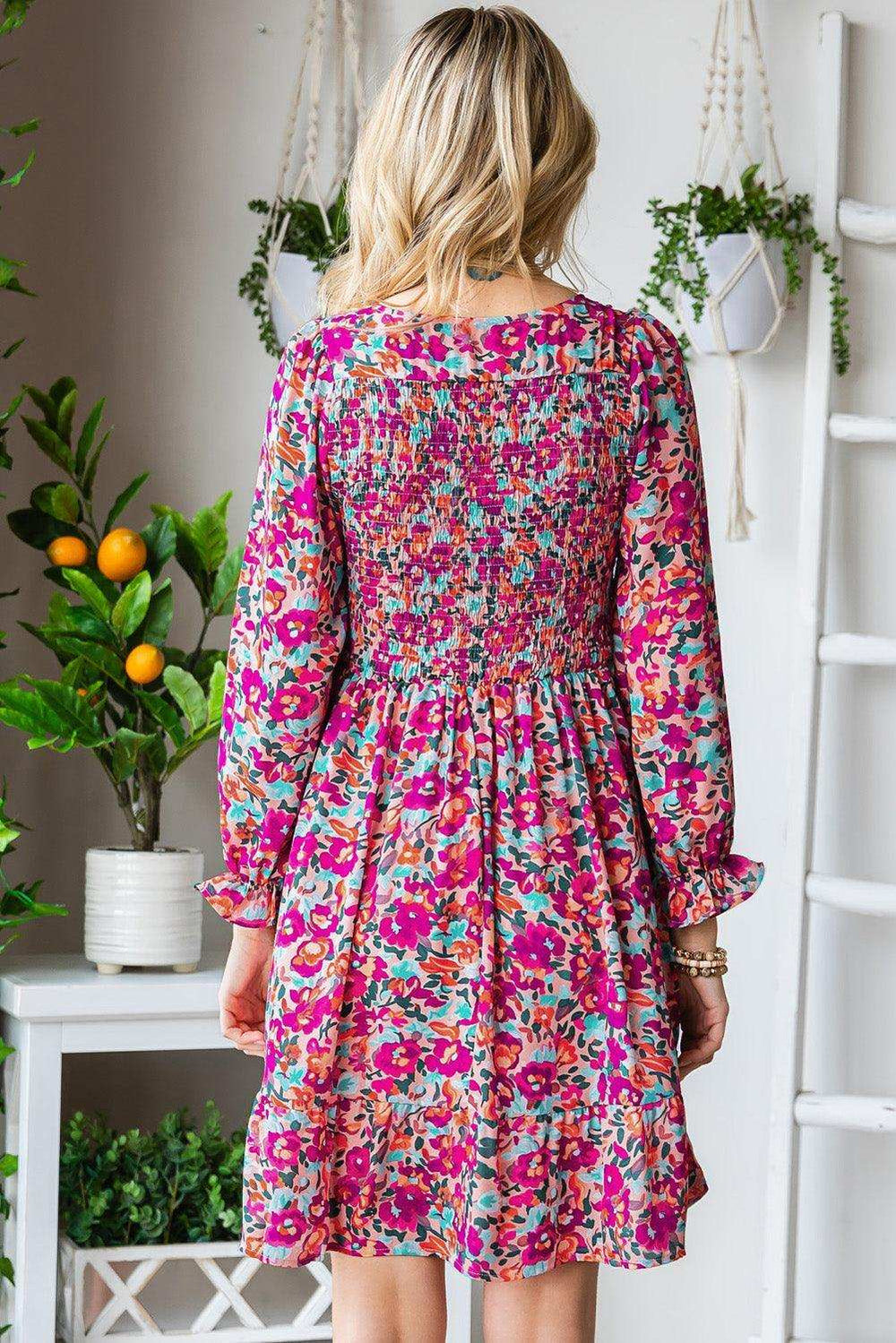 Floral Smocked V-Neck Flounce Sleeve Dress - Trendsi - Flyclothing LLC