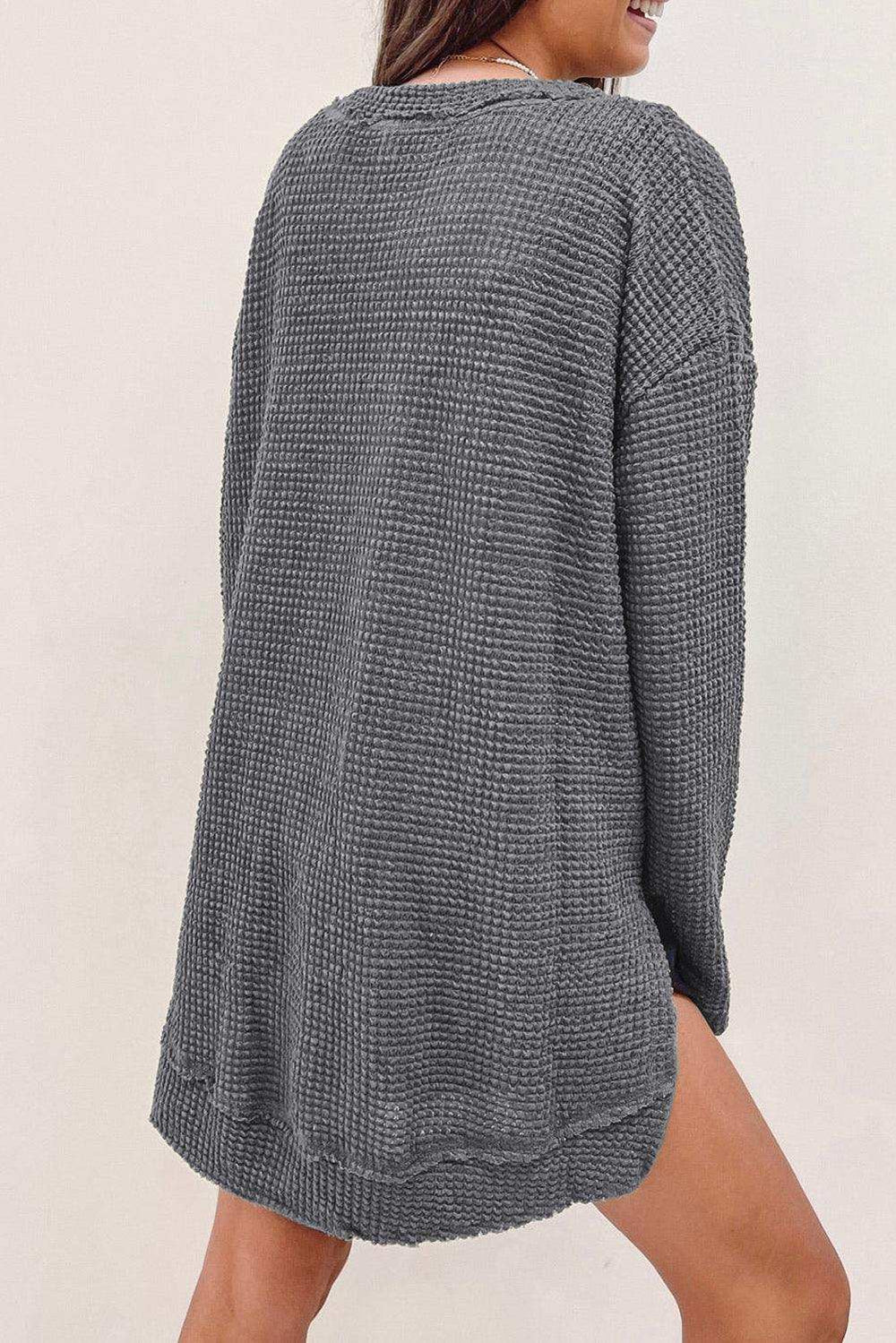 Waffle-Knit Round Neck Long Sleeve Sweatshirt - Trendsi - Flyclothing LLC