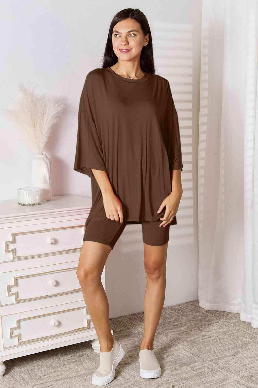 Basic Bae Full Size Soft Rayon Three-Quarter Sleeve Top and Shorts Set - Trendsi - Flyclothing LLC