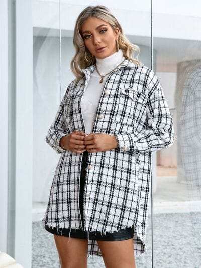 Plaid Pocketed Button Up Dropped Shoulder Jacket - Trendsi - Flyclothing LLC