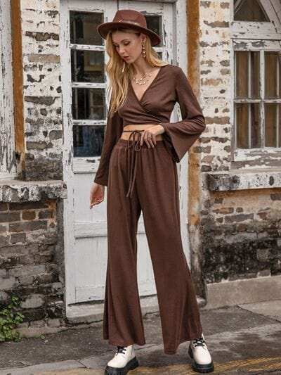 Tied Flare Sleeve Top and Pants Set - Trendsi - Flyclothing LLC