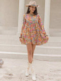 Printed V-Neck Balloon Sleeve Mini Dress - Trendsi - Flyclothing LLC
