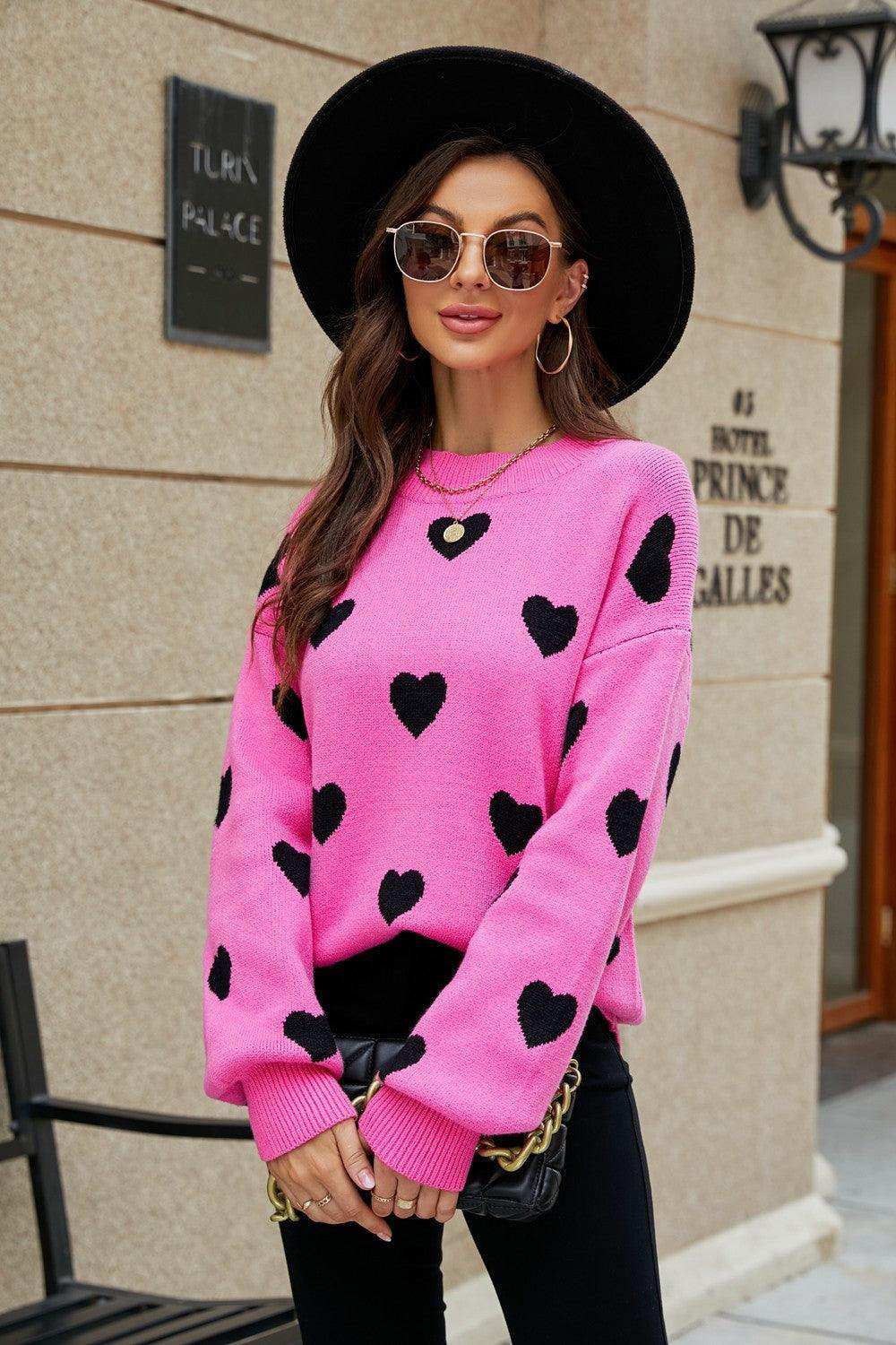 Heart Pattern Lantern Sleeve Round Neck Tunic Sweater - Trendsi - Flyclothing LLC