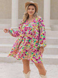 Plus Size Printed V-Neck Balloon Sleeve Mini Dress - Trendsi - Flyclothing LLC