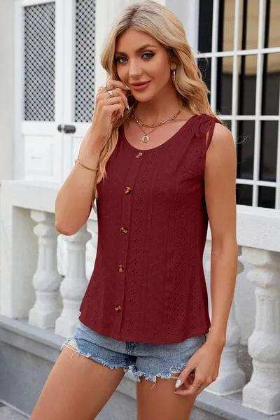 Eyelet Round Neck Wide Strap Tank - Trendsi - Flyclothing LLC