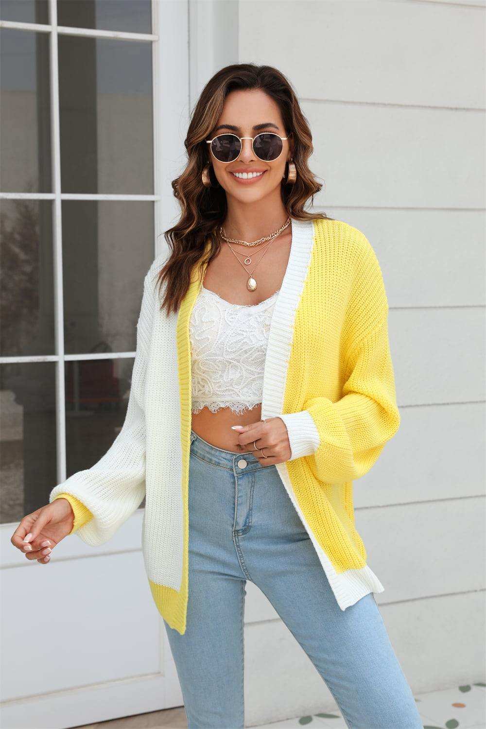 Open Front Contrast Color Balloon Sleeve Cardigan - Trendsi - Flyclothing LLC